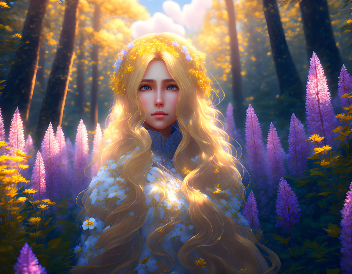 Digital artwork: Woman with long blond hair and floral crown in mystical forest with purple flowers.