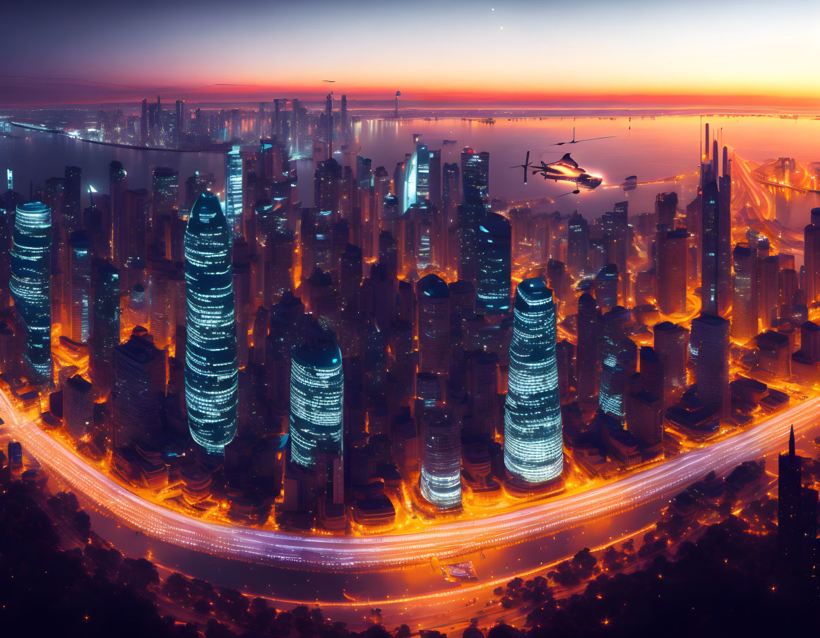 Cityscape at Twilight: Illuminated Skyscrapers, Traffic Trails, and Coastal Skyline