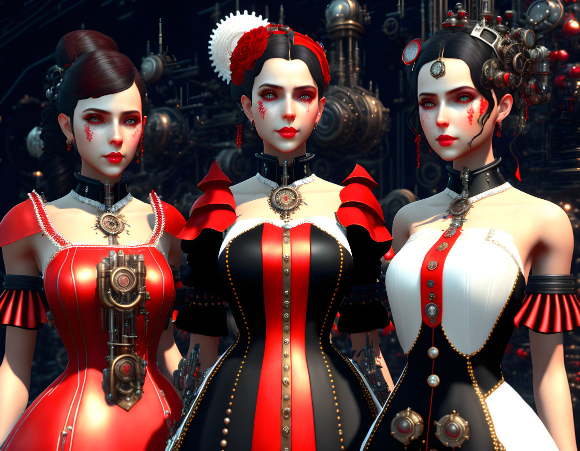 Three stylized female characters in elaborate steampunk attire with futuristic accessories and intricate hairstyles on a mechanical