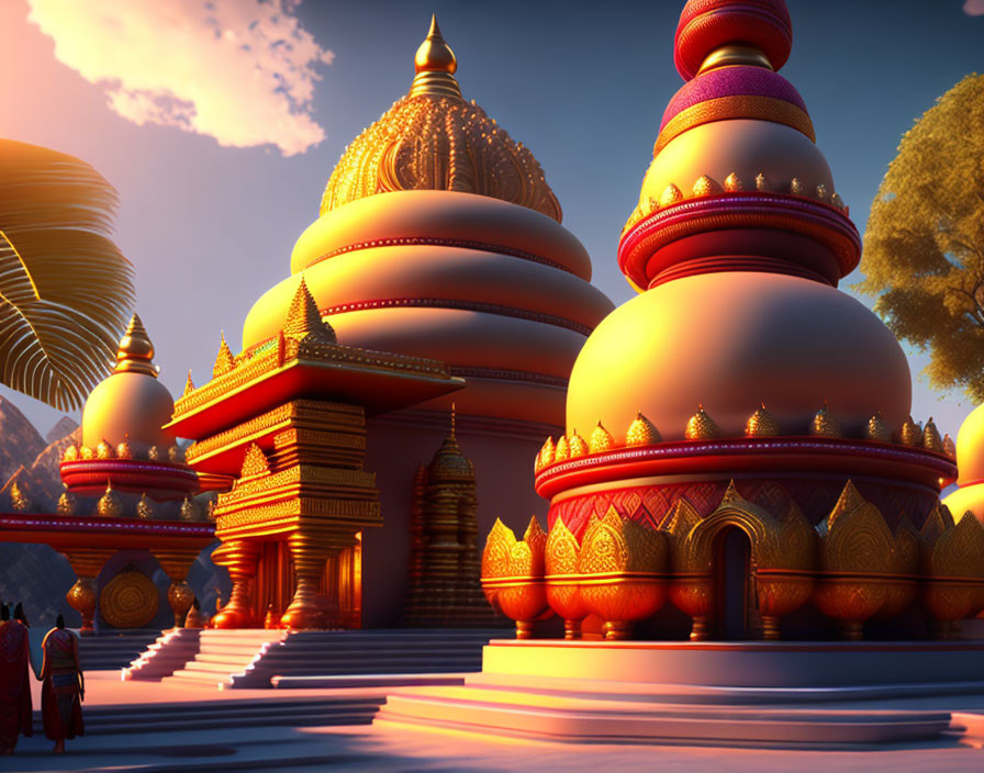 Illustration of Indian temple at sunset with traditional architecture and figures