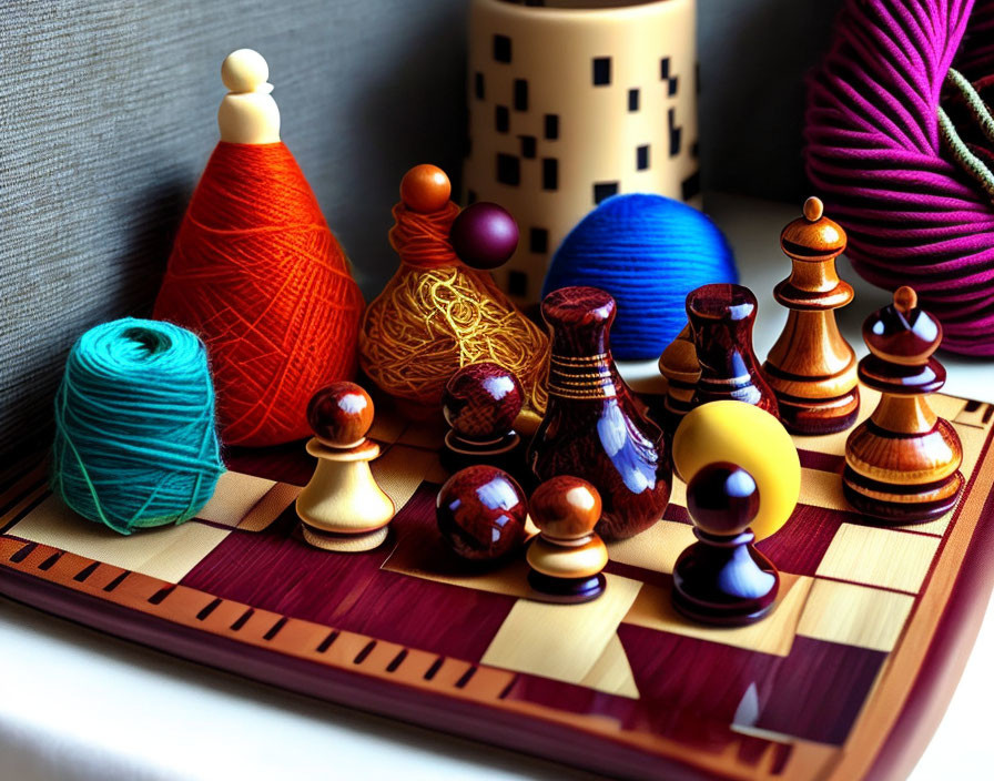 Vibrant Chess Pieces and Yarn in Crafting Scene