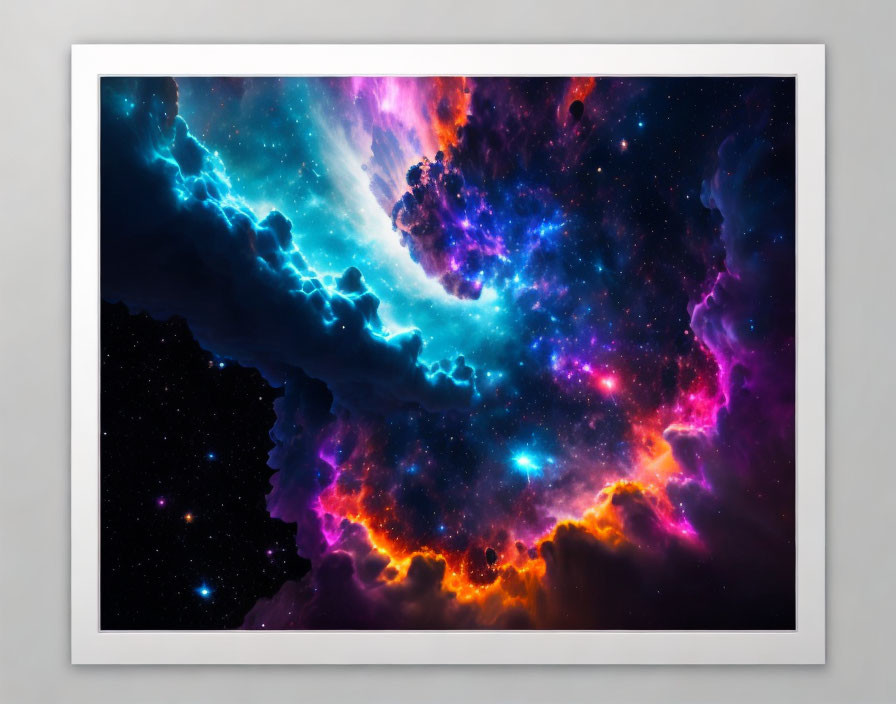 Colorful Framed Space Image with Cosmic Clouds in Blue, Purple, and Orange