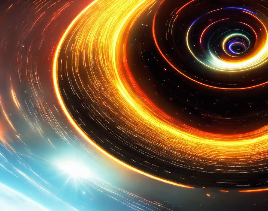 Colorful digital artwork depicting swirling orange and blue cosmic scene.