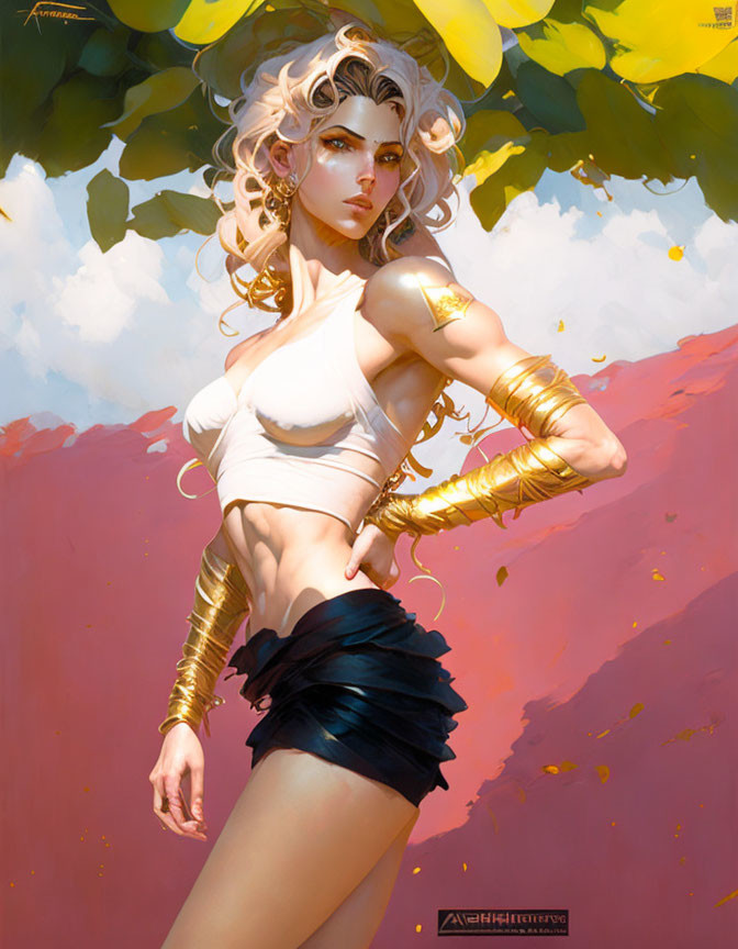 Stylized digital artwork of blonde woman in white crop top and black skirt