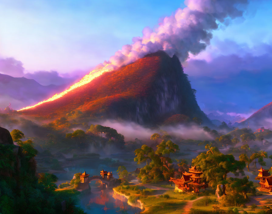 Fantasy landscape with smoking volcano and Asian-style buildings at sunrise or sunset
