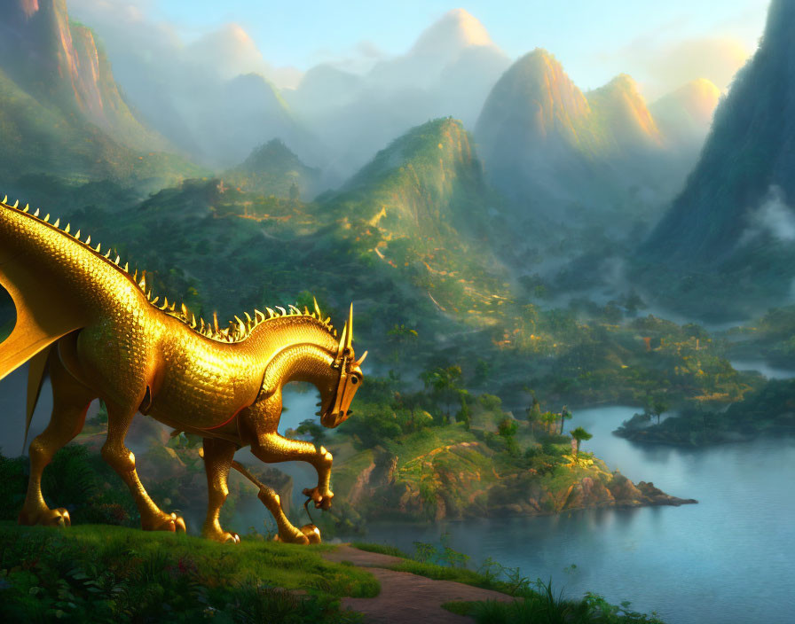 Golden dragon with unicorn horn on hill overlooking misty valley, lakes, and mountains in soft sunlight