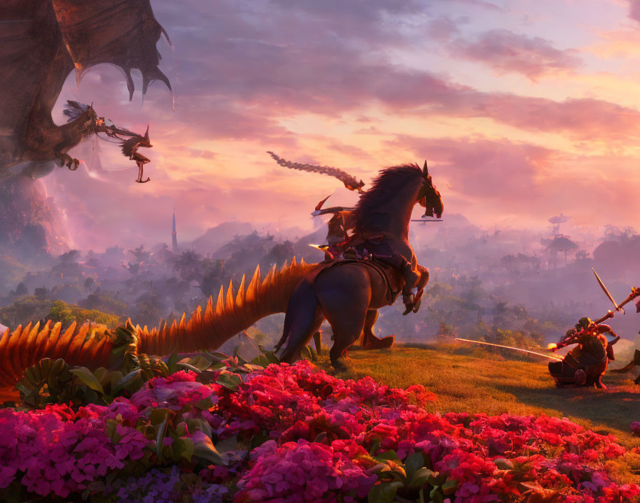 Warrior on horse confronts dragon with second warrior in flowers at sunrise.