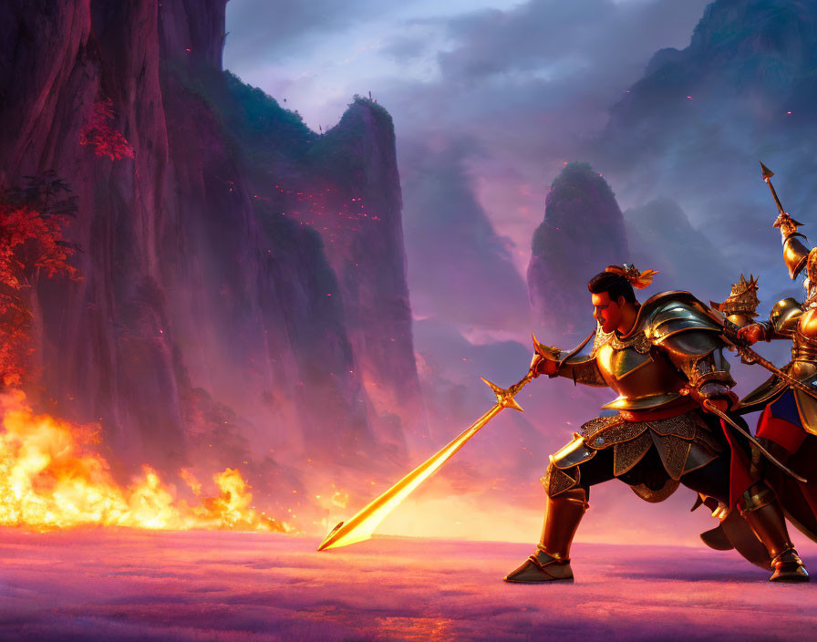 Armored warriors with swords in fiery landscape with cliffs and red leaves.