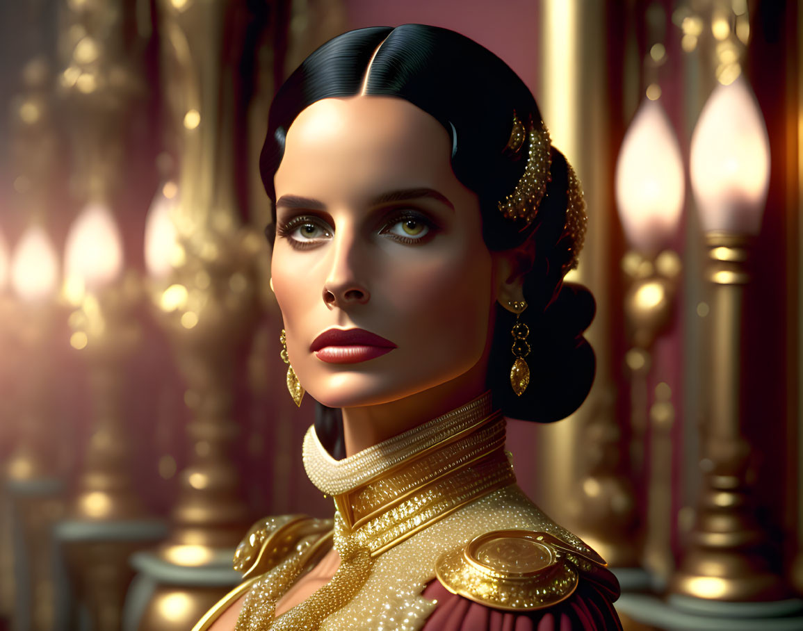 Dark-haired woman in ornate golden dress with high neck and gold earrings against luxurious background with lit candles