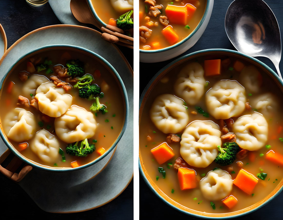 Bowls of Soup with Dumplings, Broccoli, Carrots, and Walnuts on Dark Table