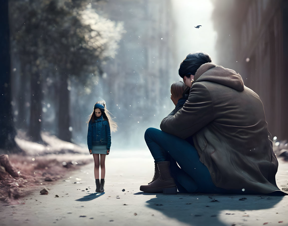 Young girl on snowy path gazes at embracing couple in serene winter scene
