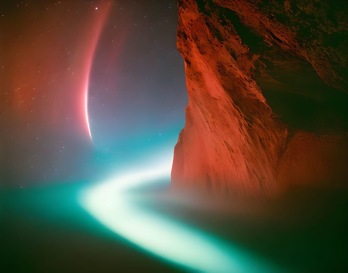 Luminous comet streaking in vibrant night sky above glowing river in dark cave