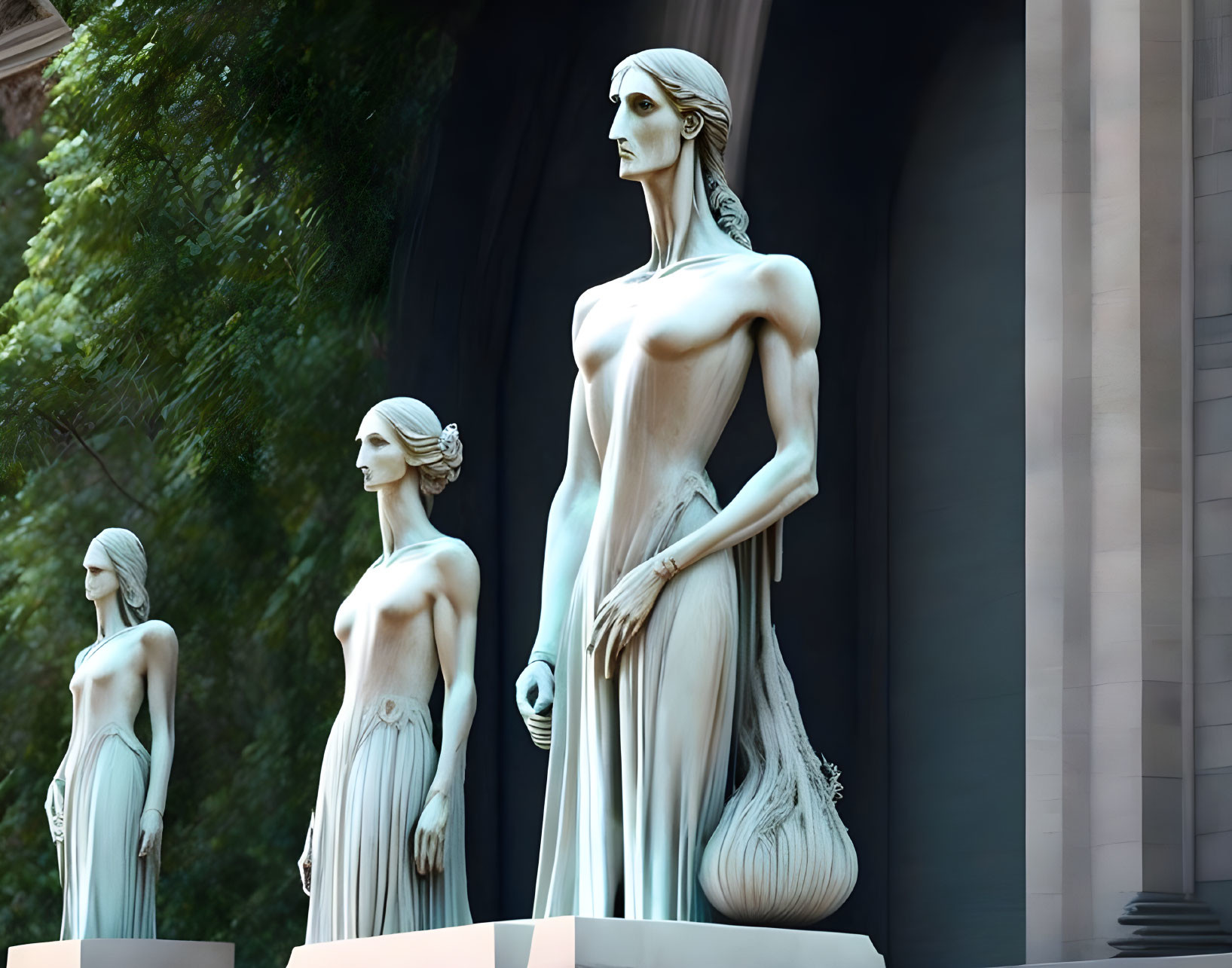 Elegant female statues with flowing hair and draped clothing on pedestal against classical backdrop