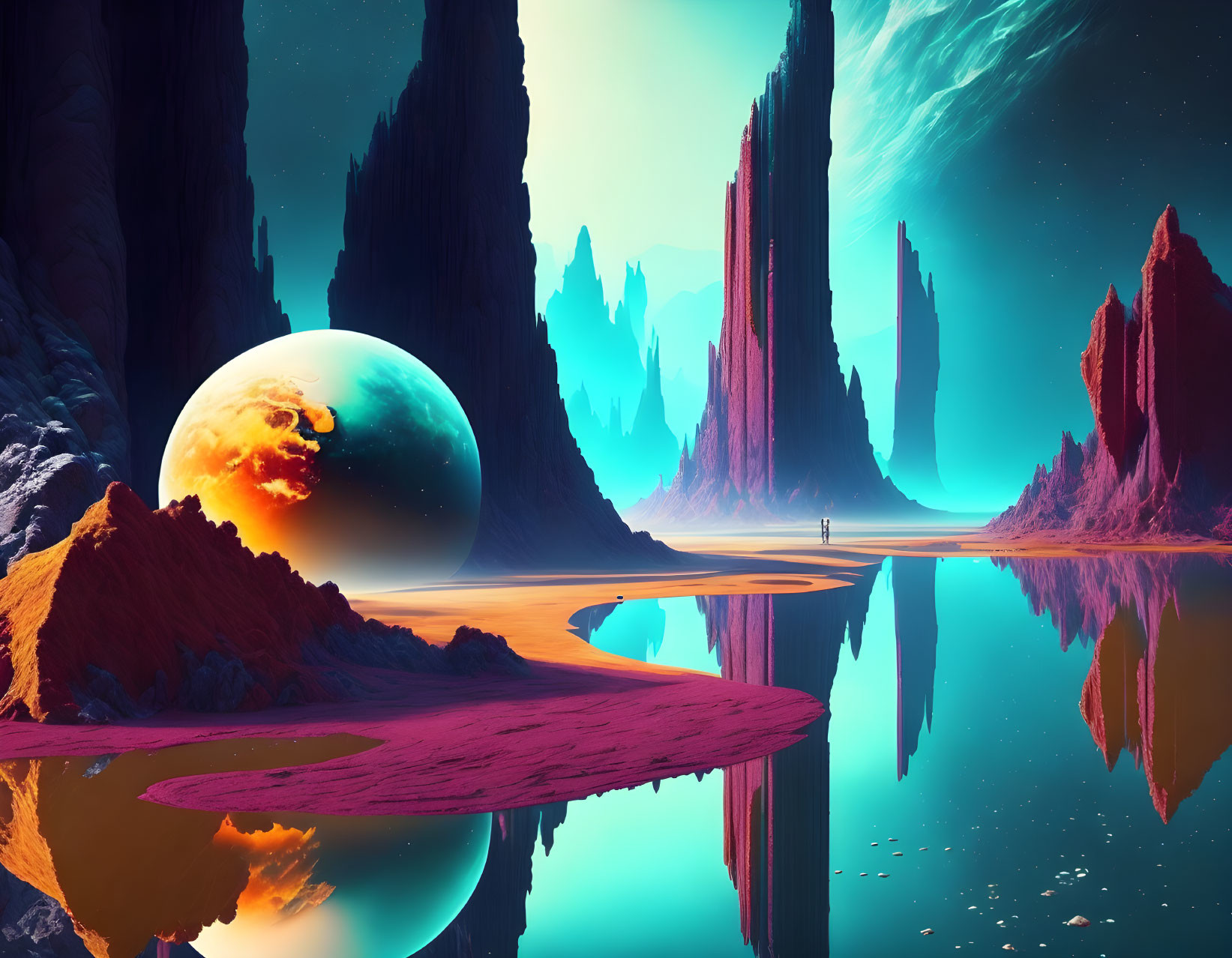 Person standing between towering rock formations on vibrant alien world