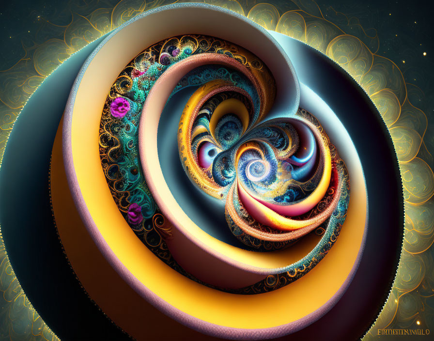 Colorful Fractal Art: Swirling Blues, Golds, and Oranges on Starry Background