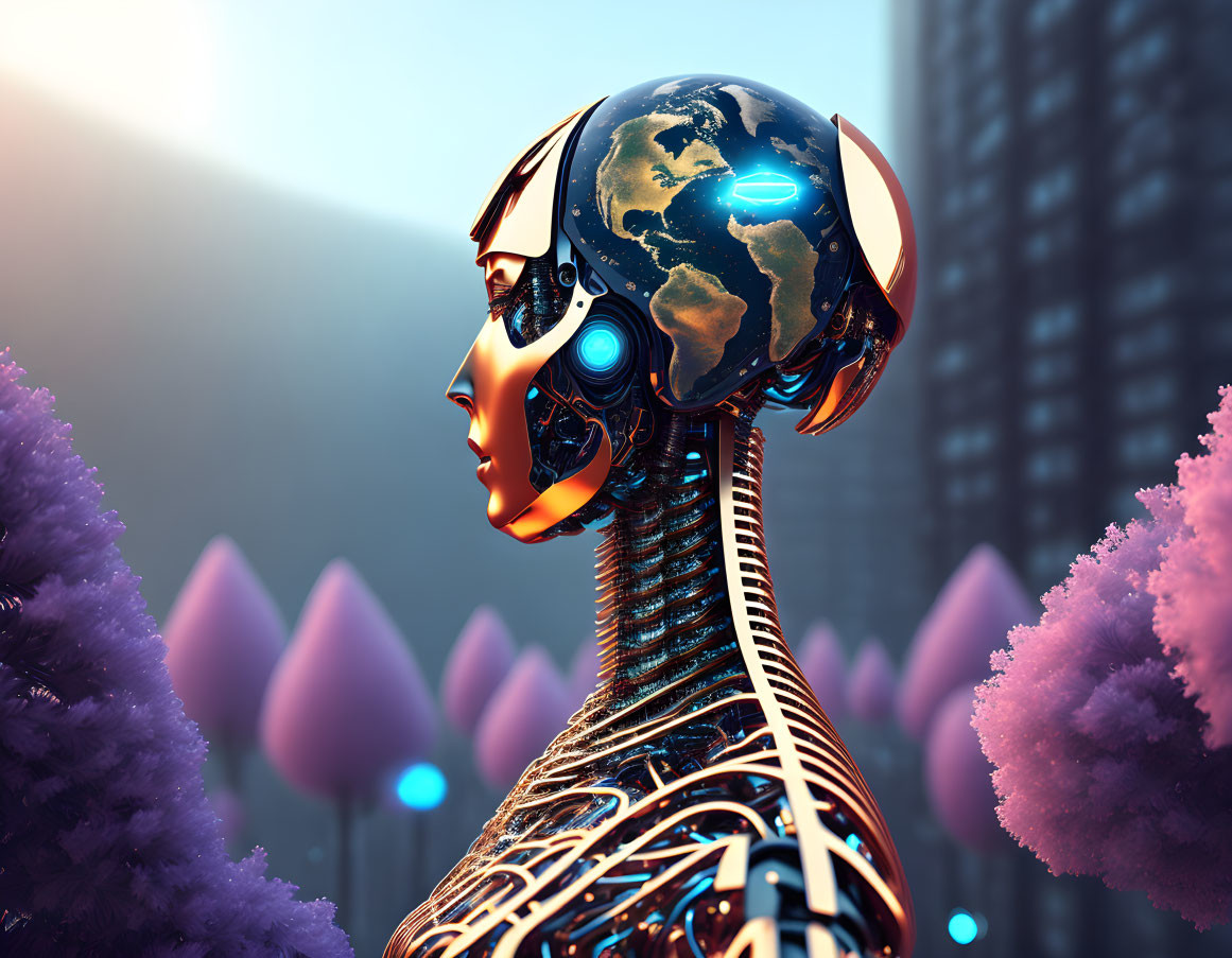 Robotic head with world map pattern, purple flora, and urban skyscrapers.