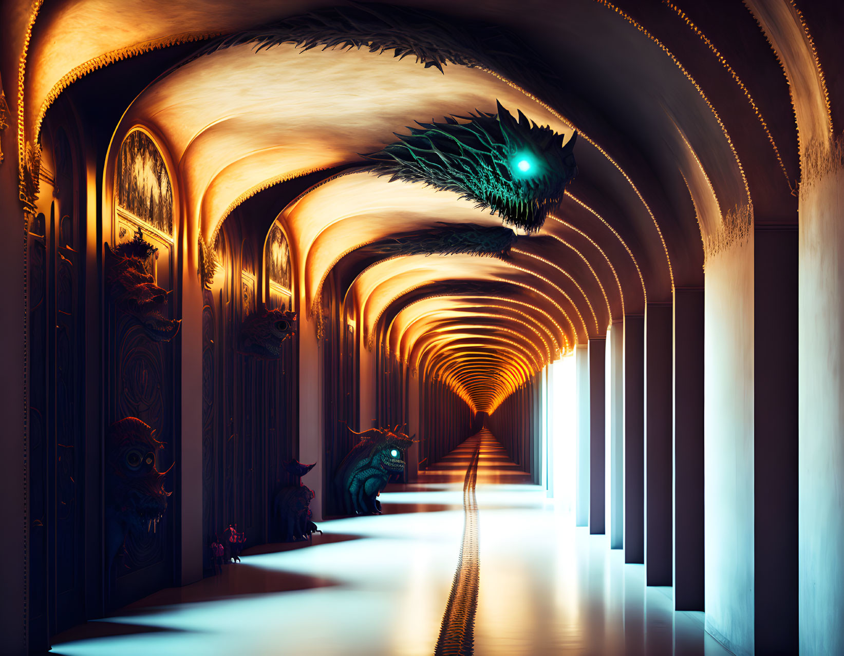 Elongated corridor with golden arches and dragon sculptures