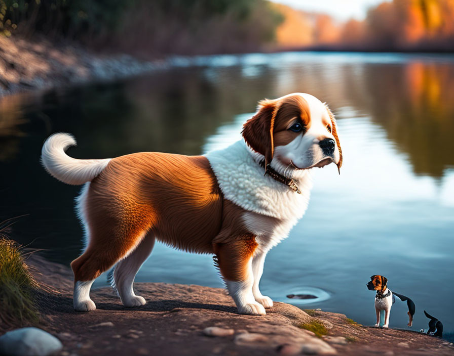Fluffy dog in sweater by river with miniature version and autumn foliage