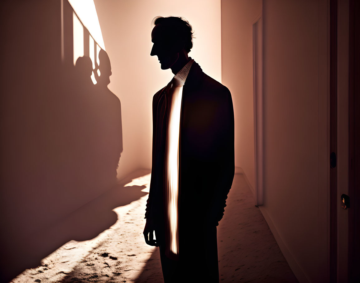 Person's Silhouette Indoors with Bright Light Source Casting Shadow