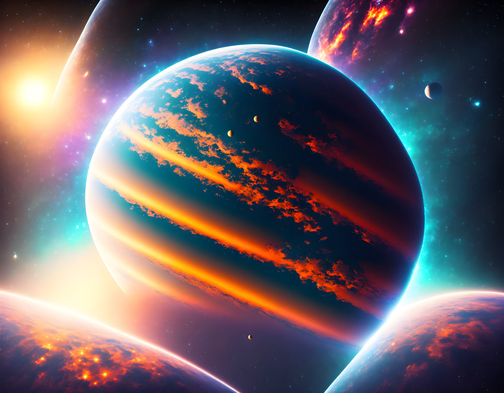 Colorful cosmic scene with orange-striped planet and celestial bodies under warm star glow