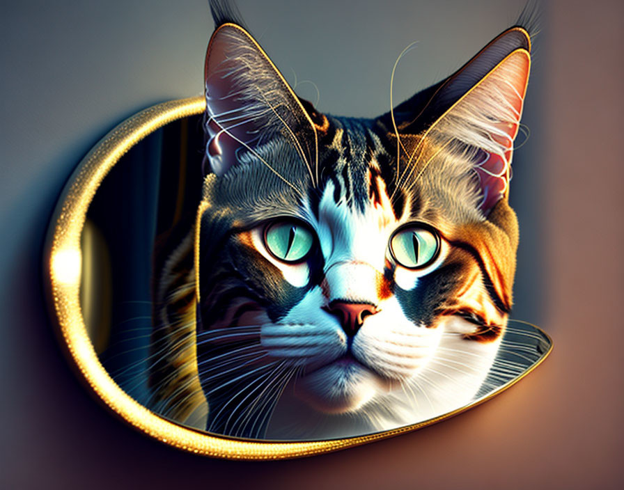 Vivid Blue-Eyed Multicolored Cat Reflected in Curved Mirror