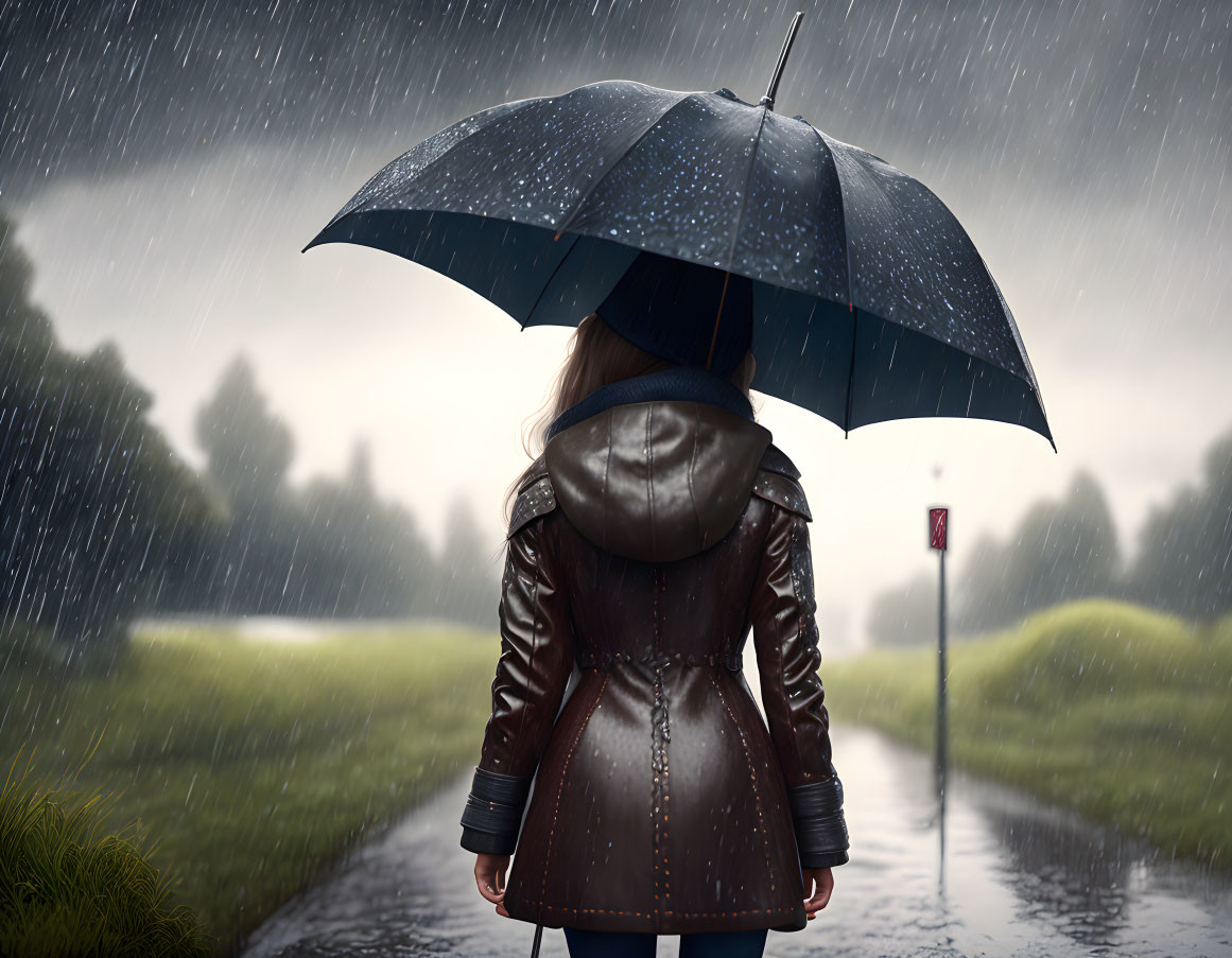 Person with Black Umbrella in Brown Jacket on Rainy Path