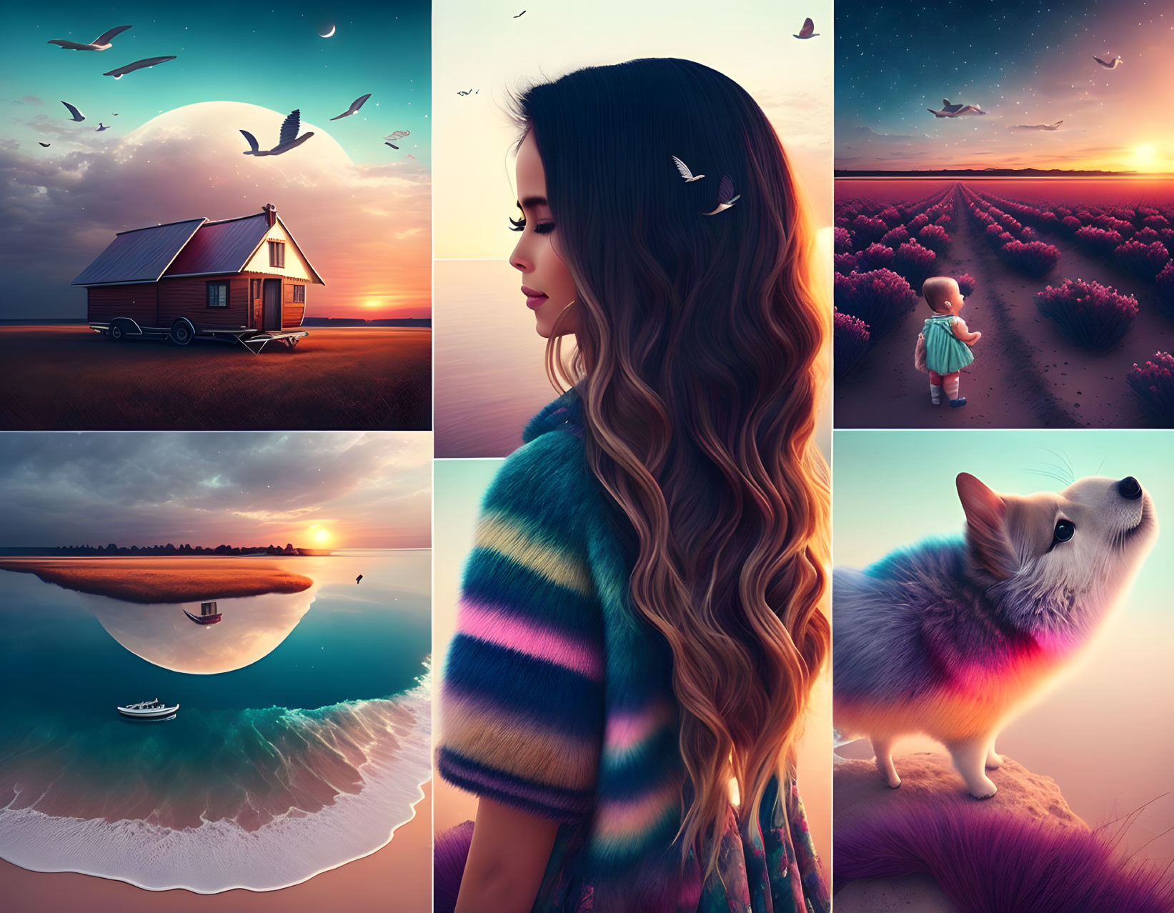 Five surreal images: house at dawn, flowing hair woman, lavender field child, flipped beach reflection,