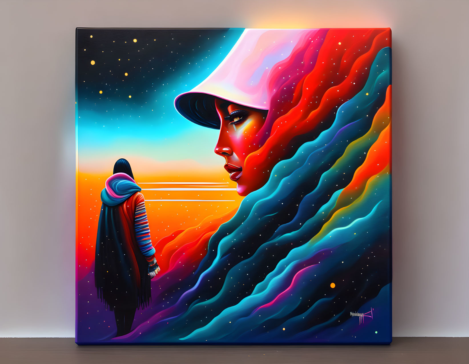 Colorful Canvas Artwork: Woman with Cosmic Wave and Desert Sunset Figure