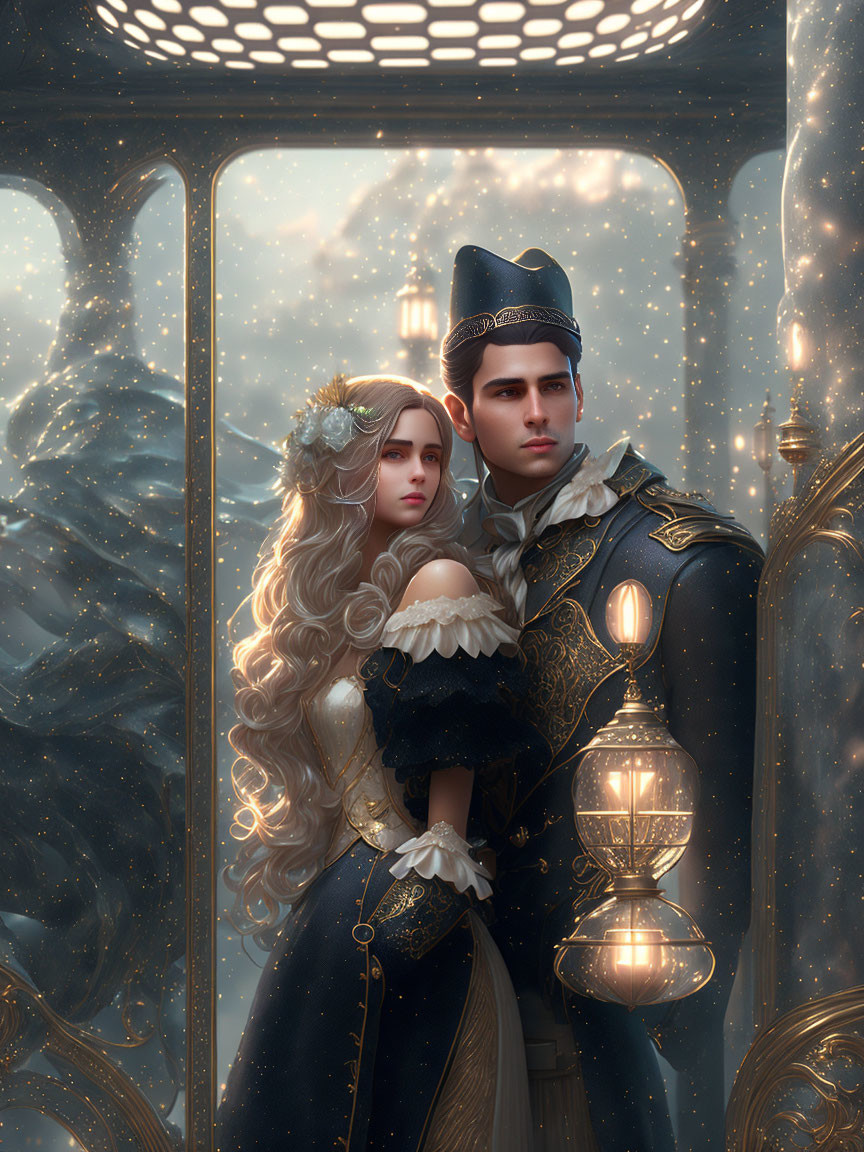 Regal couple in ornate attire in lantern-lit gazebo amid wintry forest