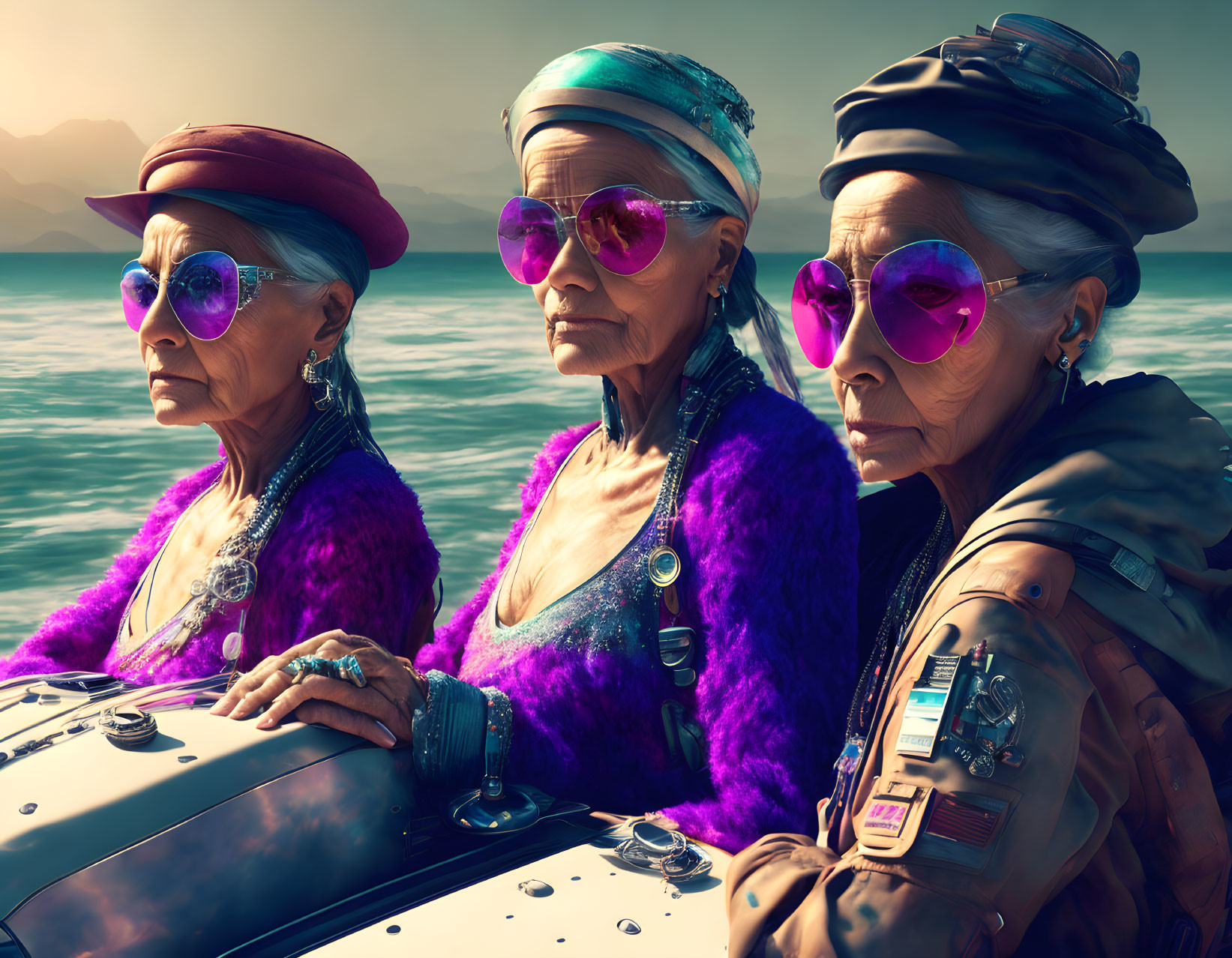 Elderly Women in Purple Attire with Vibrant Sunglasses by Water
