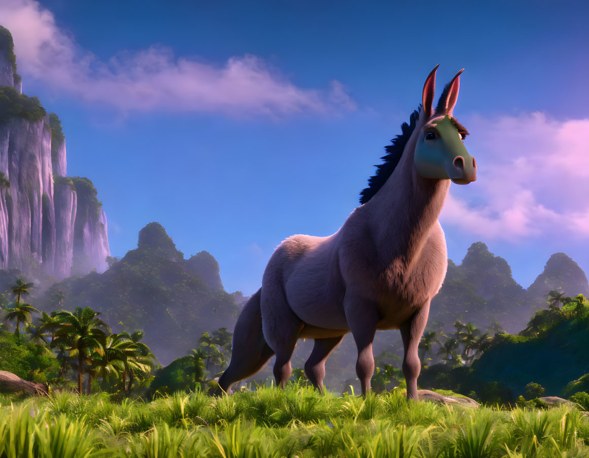 3D animated donkey in lush landscape with cliffs and blue sky