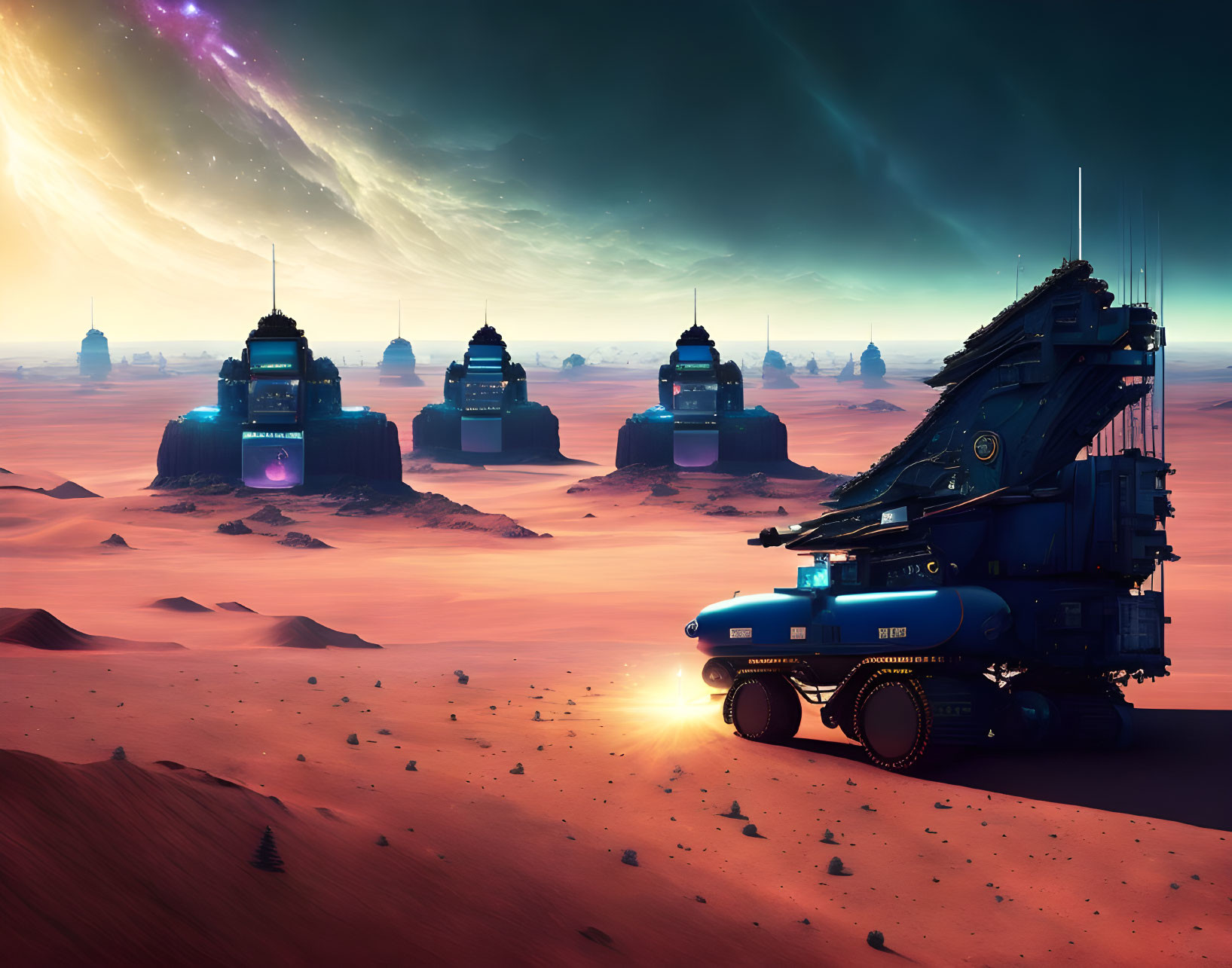 Futuristic vehicles in alien desert under starry sky with cosmic phenomenon