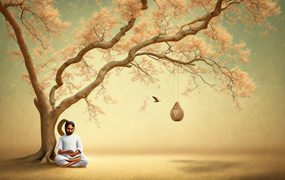 Person meditates under pink-flowered tree with bird cage and flying bird in serene setting