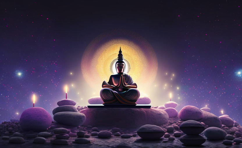 Serene Buddha statue meditates with candles, stones, and starlit sky