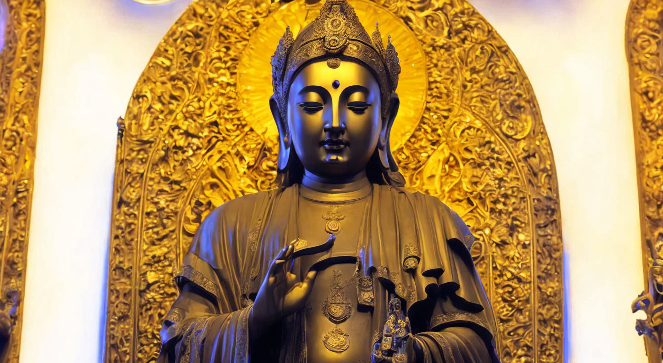 Buddhist deity statue with golden aura and traditional robes