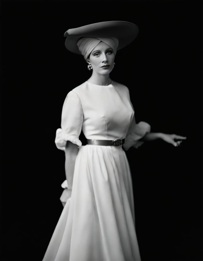 Monochrome portrait of woman in vintage attire with stylish hat