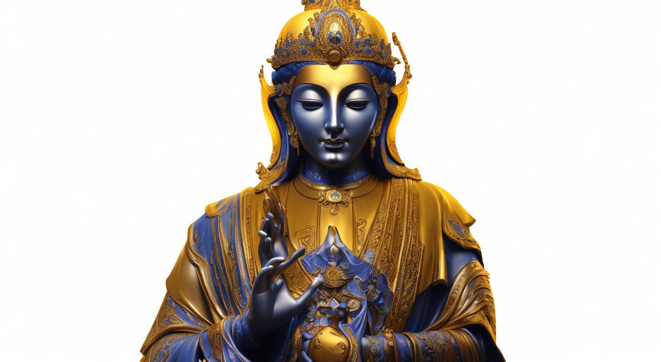 Intricately detailed gold deity statue on blue with serene expression