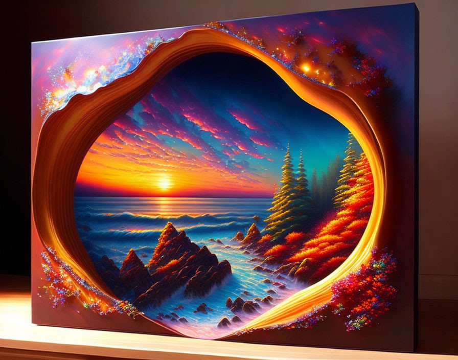 Surreal sunset coastal landscape with vibrant colors & unique curved frame