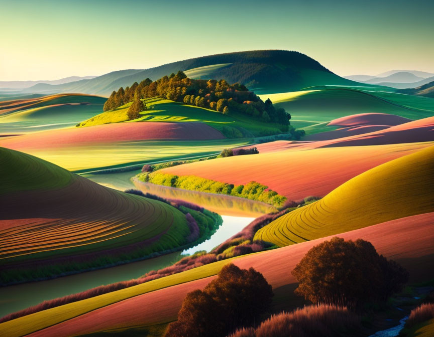 Colorful Agricultural Fields and River in Twilight Glow