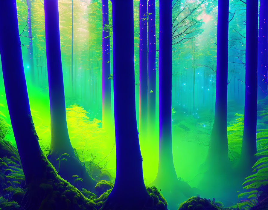 Mystical forest with vibrant green and blue hues and fireflies in misty air