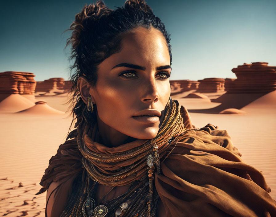 Portrait of a Woman in Desert Landscape with Scarf and Jewelry
