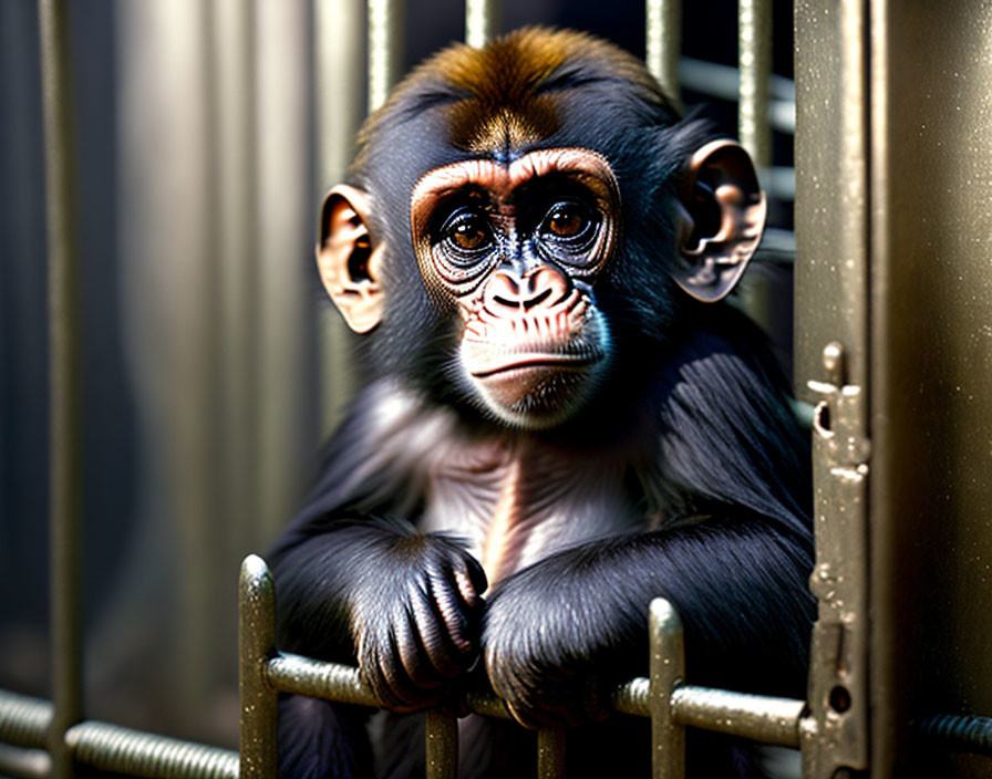 Young Chimpanzee Contemplating Behind Metal Bars