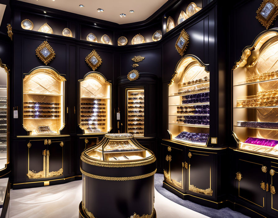 Elegant Black and Gold Decor in Luxurious Jewelry Store