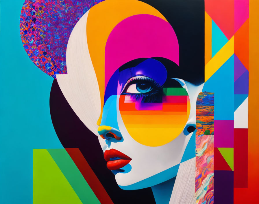 Colorful geometric abstract artwork of a stylized woman's face