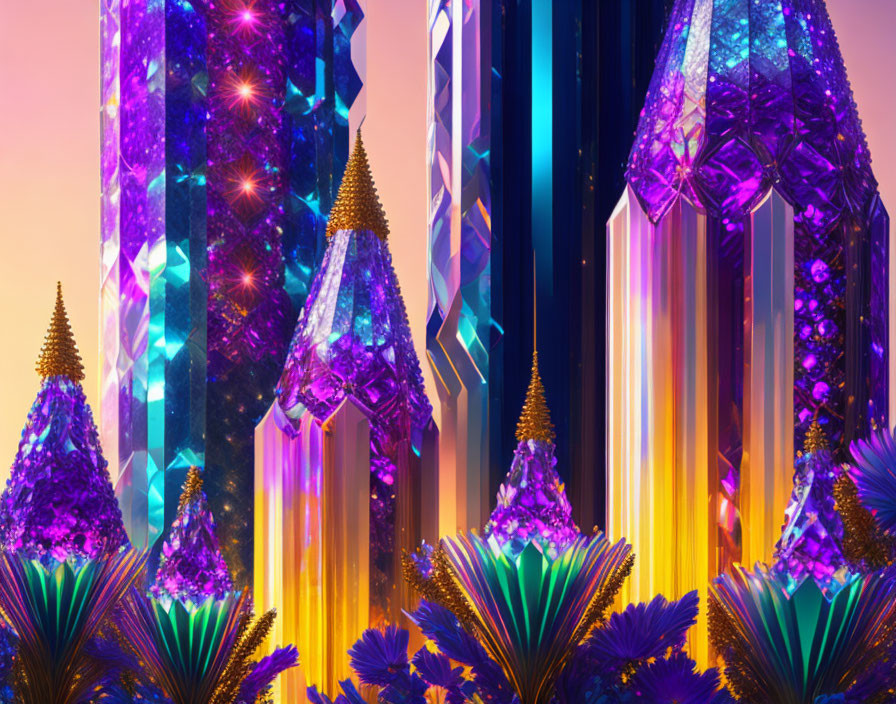 Colorful Crystal Formations with Golden Structures and Sunset Background