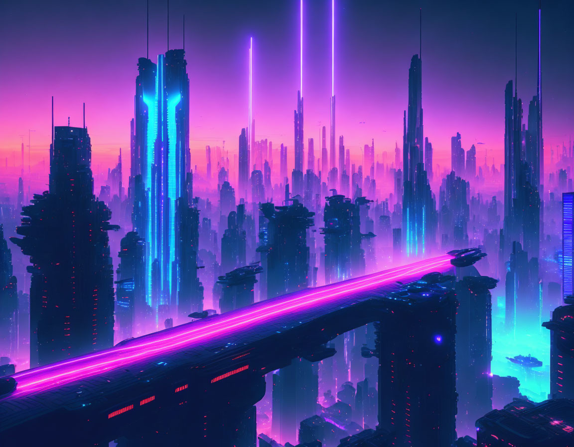 Futuristic cityscape with skyscrapers, neon lights, and flying vehicles at dusk