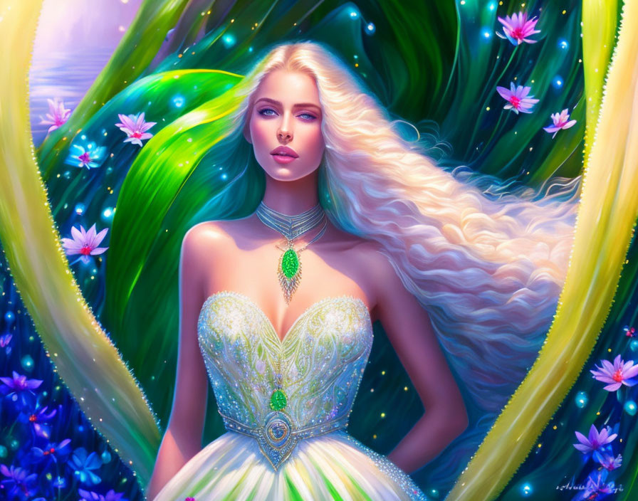 Digital artwork: Woman with blond hair, green gem necklace, and floral background