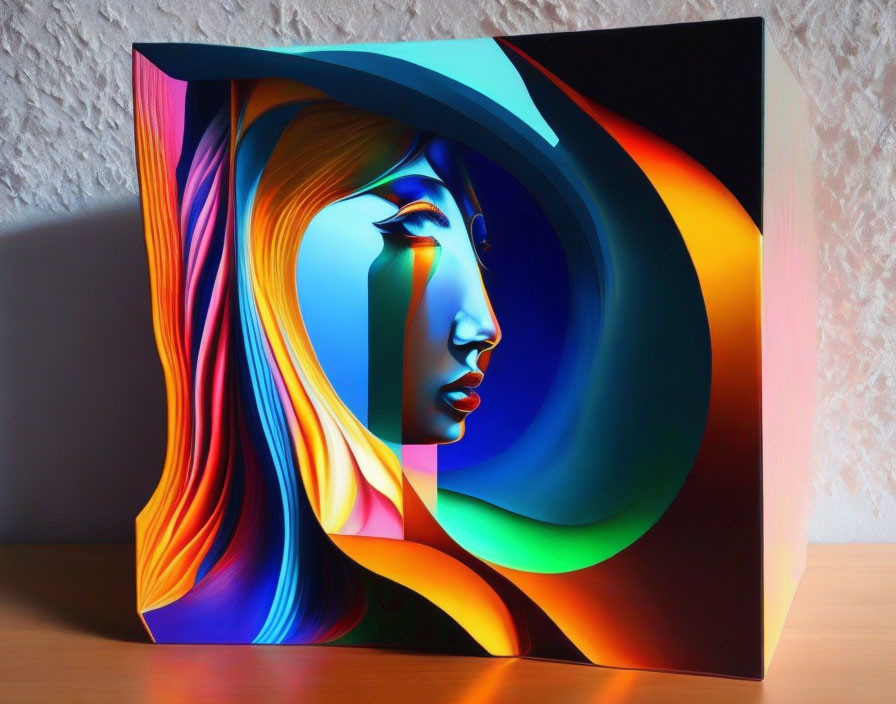 Colorful 3D artwork of woman's profile with swirling layers