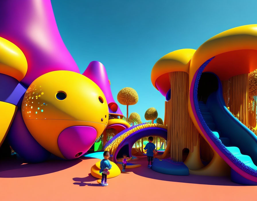 Colorful Abstract Play Area with Children Exploring Fantasy Environment
