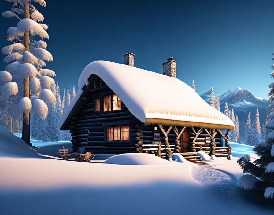 Snow-covered log cabin in serene winter landscape